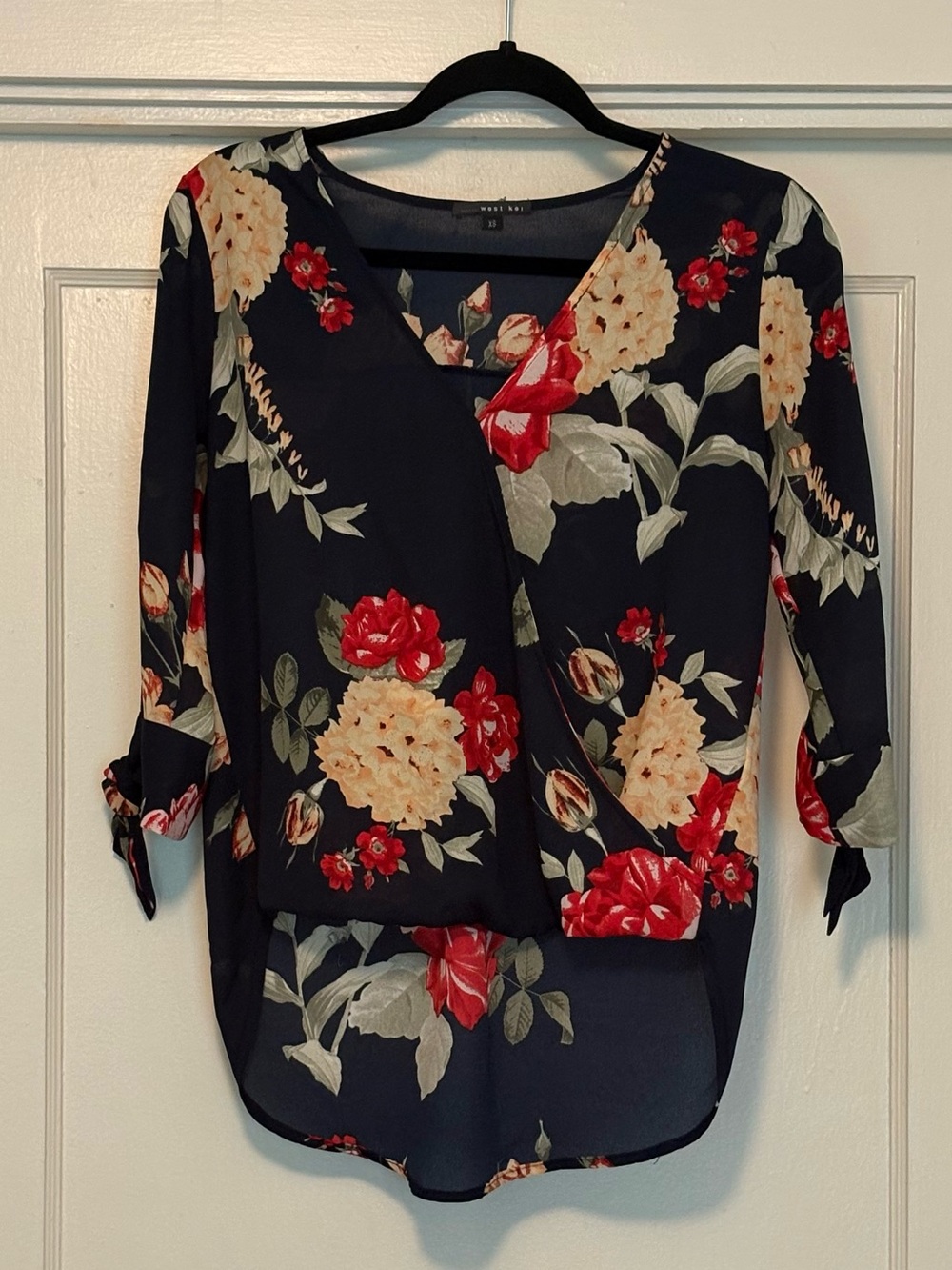 West Kei Navy Floral Wrap-Style Blouse with Red and Cream Flowers